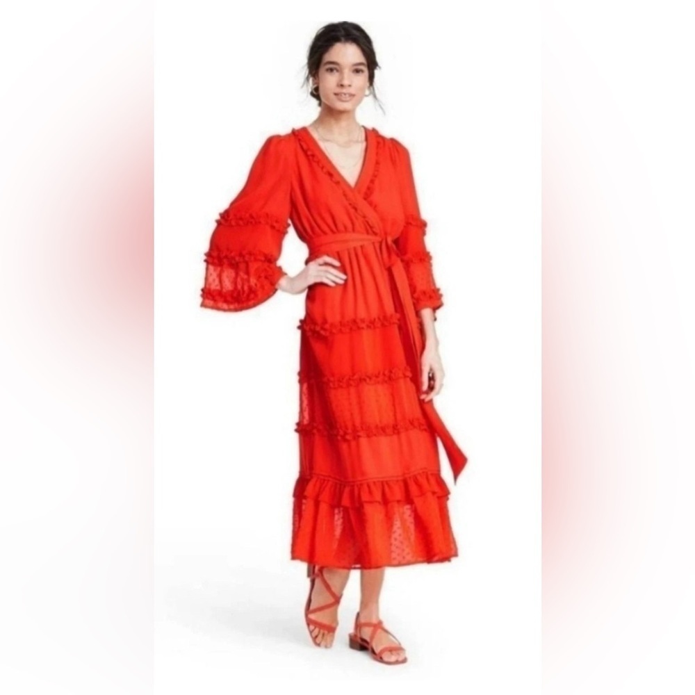 ALEXIS x Target 3/4 Sleeve Tiered Ruffle Dress Orange Women's Size S V-neck